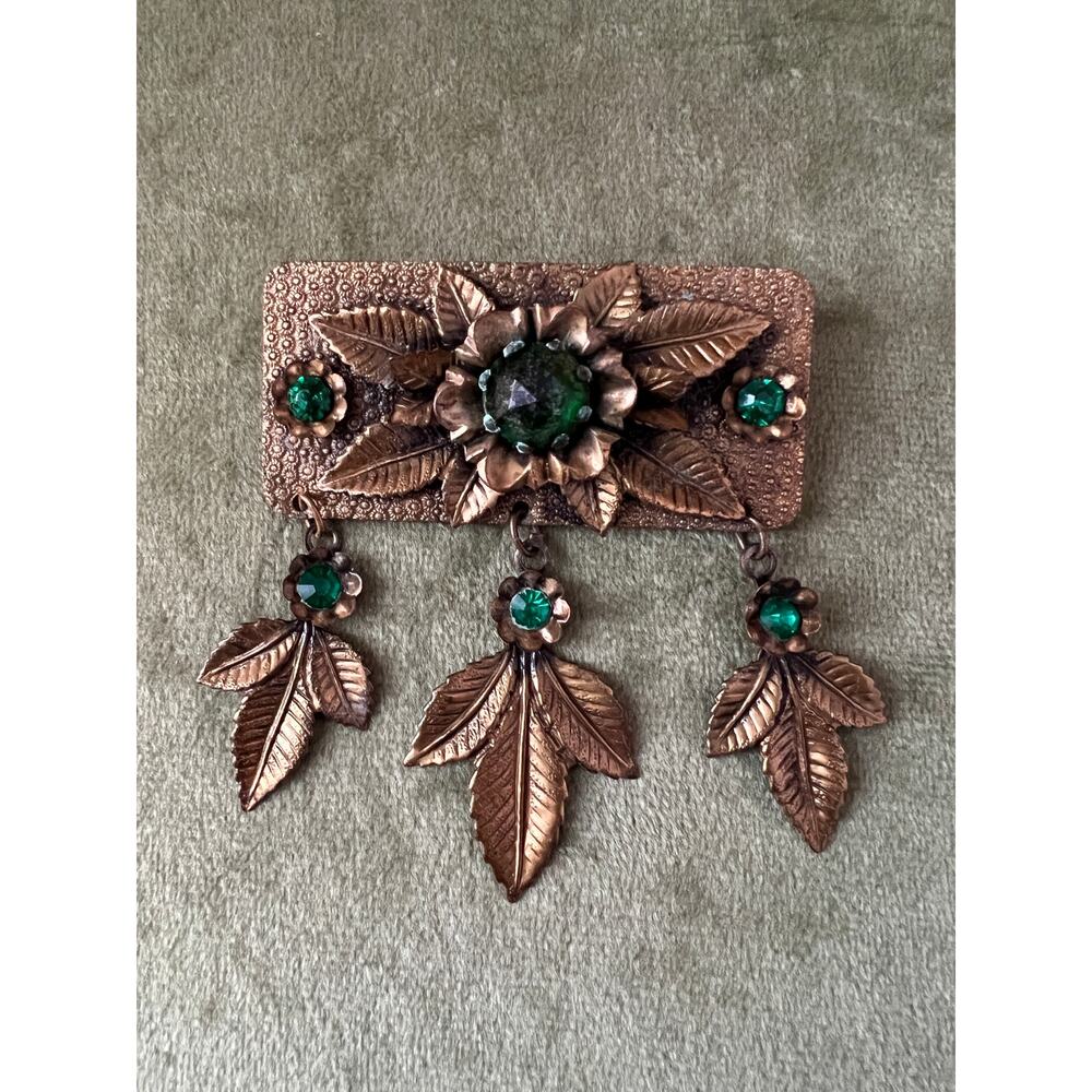 Vintage Dangle Brooch Green Flower Bronze Tone Pin Emerald Crystal Rhinestone